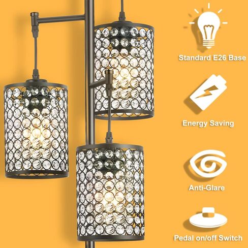 EE Eleven Master Master Modern 3 Light Tree Floor Lamp لغرفة المعيشة مصباح دافئ الكريستال مع/إيقاف تشغيل/إيقاف تشغيل ضوء القطب الأسود الأنيق لغرف النوم فندق Office Hotel in Saudi Arabia