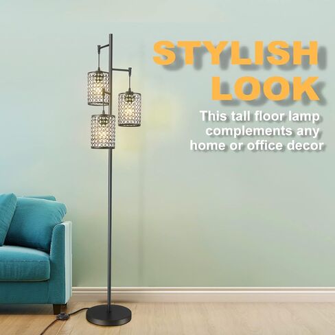 EE Eleven Master Master Modern 3 Light Tree Floor Lamp لغرفة المعيشة مصباح دافئ الكريستال مع/إيقاف تشغيل/إيقاف تشغيل ضوء القطب الأسود الأنيق لغرف النوم فندق Office Hotel in Saudi Arabia