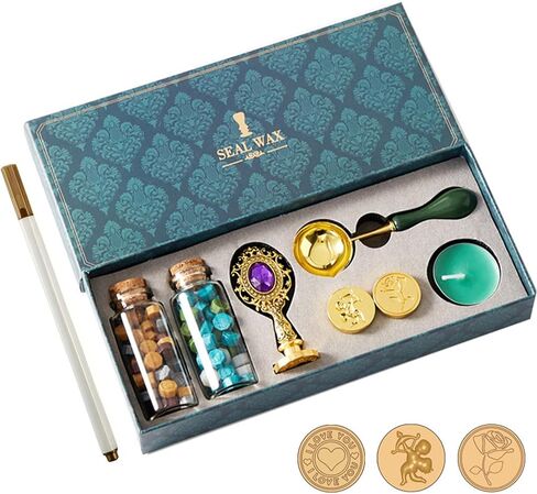 1 Pack Wax Seal Stamp Kit with Gift Box, Wax Seal Beads, 3 Wax Seal Stamp, Metallic Pen, Wax Seal Kit for Gift Wrapping, Envelope Sealing, Party Invitation, Scrapbooking (Green, C) in Saudi Arabia