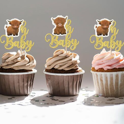 Rsstarxi 30 Pack Oh Baby Highland Cow Cupcake Toppers Highland Cow Baby Shower Decorations Cupcake Picks for Cow Baby Shower Birthday Party Cake Decorations Gold in Saudi Arabia