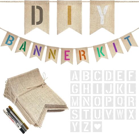 15 PCS Burlap Banner DIY Kit With 27 PCS Letter Stencil Banner Burlap Painting For Party Decorations Swallowtail Flags For Birthday in Kuwait