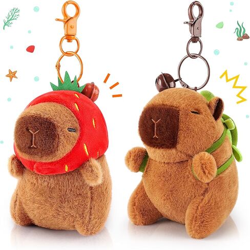 achwishap 2pcs capybara plush keykain ، keychain capybara capybara محشو بالحيوان ، ناعم capybara plush toys سلسلة مفاتيح ، Kawaii plushie ألعاب محشوة للأطفال البالغين عيد ميلاد (سلحفاة ، قبعة الفراولة) in Kuwait