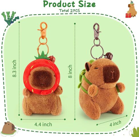 achwishap 2pcs capybara plush keykain ، keychain capybara capybara محشو بالحيوان ، ناعم capybara plush toys سلسلة مفاتيح ، Kawaii plushie ألعاب محشوة للأطفال البالغين عيد ميلاد (سلحفاة ، قبعة الفراولة) in Kuwait