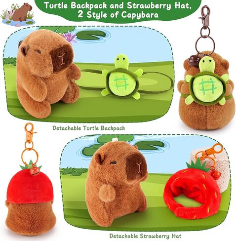 achwishap 2pcs capybara plush keykain ، keychain capybara capybara محشو بالحيوان ، ناعم capybara plush toys سلسلة مفاتيح ، Kawaii plushie ألعاب محشوة للأطفال البالغين عيد ميلاد (سلحفاة ، قبعة الفراولة) in Kuwait