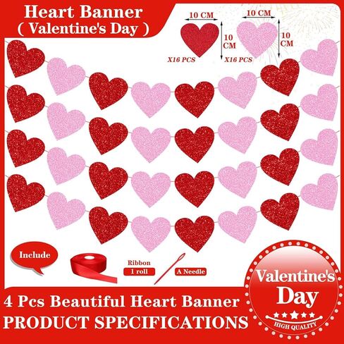 Glitter Red Valentine Banner, 8 Strings Red Shiny Heart Banners Sign for Celebrate Valentine Party Wedding Ceremonies Holiday Party Decorations in Kuwait