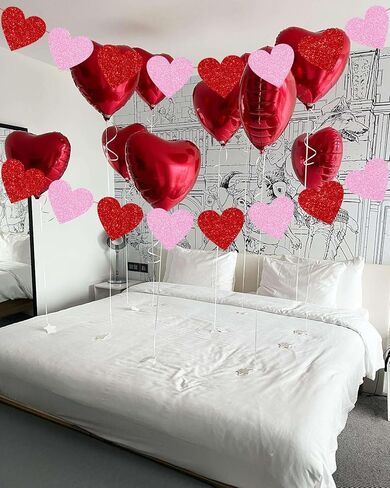 Glitter Red Valentine Banner, 8 Strings Red Shiny Heart Banners Sign for Celebrate Valentine Party Wedding Ceremonies Holiday Party Decorations in Kuwait