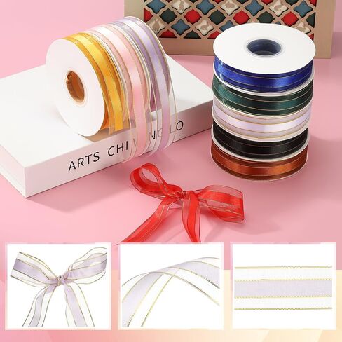 PATIKIL 50 Yards x 1" Organza Chiffon Gold Edge Ribbon, Gold and Purple Candy Satin Striped Sheer Craft Ribbons for Bows Making, Gift Wrapping, Wreath, Birthday Wedding Decoration in Saudi Arabia