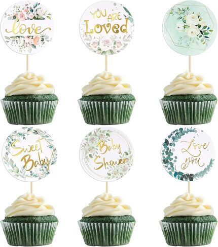 Gyufise 36Pcs Baby Shower Cupcake Toppers Baby Cupcake Toppers Gold Woodland Jungle Safari Theme Cupcakes Decor Gender Reveal Cake Topper Boy Girl Birthday Party Green Leaf Cake Decorations in Saudi Arabia