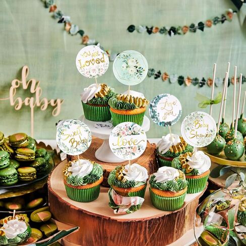 Gyufise 36Pcs Baby Shower Cupcake Toppers Baby Cupcake Toppers Gold Woodland Jungle Safari Theme Cupcakes Decor Gender Reveal Cake Topper Boy Girl Birthday Party Green Leaf Cake Decorations in Saudi Arabia