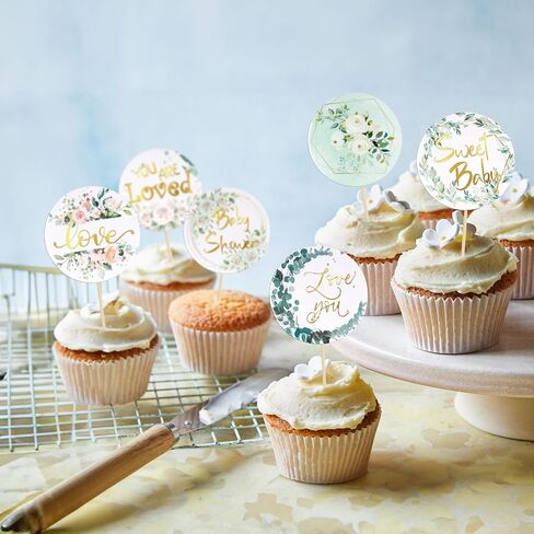 Gyufise 36Pcs Baby Shower Cupcake Toppers Baby Cupcake Toppers Gold Woodland Jungle Safari Theme Cupcakes Decor Gender Reveal Cake Topper Boy Girl Birthday Party Green Leaf Cake Decorations in Saudi Arabia