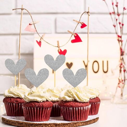 24Pcs Glitter Heart Cupcake Toppers for Valentine's Day Decorations, Mixed Size Heart Valentine's Day Cupcake Toppers for Wedding Bridal Shower Party Decorations (Purple) in Kuwait