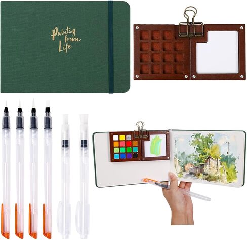 Mini Portable Watercolor Palette Set, Pocket Artist Travel Watercolor Palette Set Wooden Grid Paint Box, Watercolor Paper Pad Sketchbooks Watercolor Brush Pens with Binder Clip for Art Lovers 8 Grid in Saudi Arabia