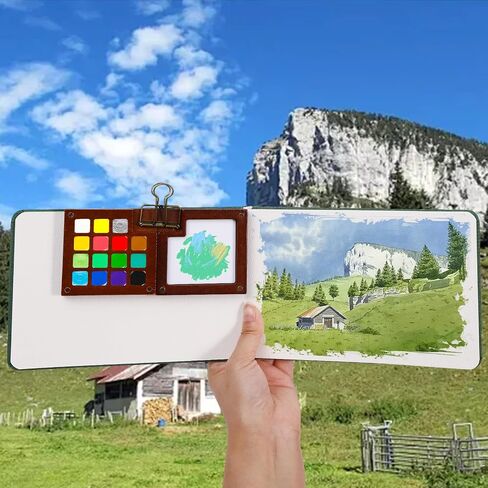 Mini Portable Watercolor Palette Set, Pocket Artist Travel Watercolor Palette Set Wooden Grid Paint Box, Watercolor Paper Pad Sketchbooks Watercolor Brush Pens with Binder Clip for Art Lovers 8 Grid in Saudi Arabia