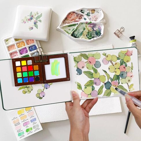 Mini Portable Watercolor Palette Set, Pocket Artist Travel Watercolor Palette Set Wooden Grid Paint Box, Watercolor Paper Pad Sketchbooks Watercolor Brush Pens with Binder Clip for Art Lovers 8 Grid in Saudi Arabia