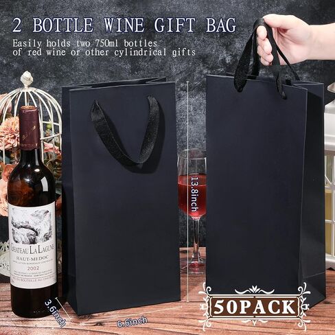 Yeaqee 50 Pack Wine Bags for Wine Double Bottles Gifts Carriers 6.6x3.6x13.8 Craft Bottle Bags Bulk with Handles Reusable Paper Tumbler Carriers, Liquor Christmas Gift Pocket with Handle(Brown) in Saudi Arabia