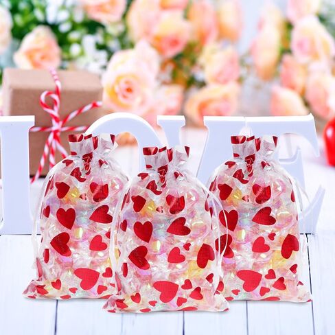 Choyaxo 50pcs أكياس أورجانية أحمر طباعة القلب الساتان الساتان in Kuwait