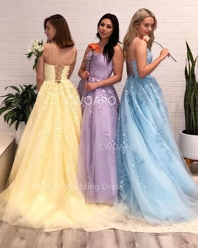 CWOAPO Spaghetti Straps Long Prom Dresses for Teens 2024 Lace Appliques Tulle Ball Gown Prom Dress with Pockets Wedding in Saudi Arabia