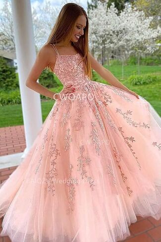 CWOAPO Spaghetti Straps Long Prom Dresses for Teens 2024 Lace Appliques Tulle Ball Gown Prom Dress with Pockets Wedding in Saudi Arabia