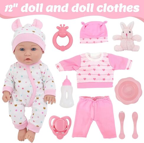 ZITA ELEMENT 12 Inch Baby Doll with Accessories for Baby Doll Reborn Includes Carrier Bassinet Bed, Pacifier, Blanket, Pillow, Feeding Set, New Born Baby Doll Playset for Toddlers 3 Ages and Up in Kuwait