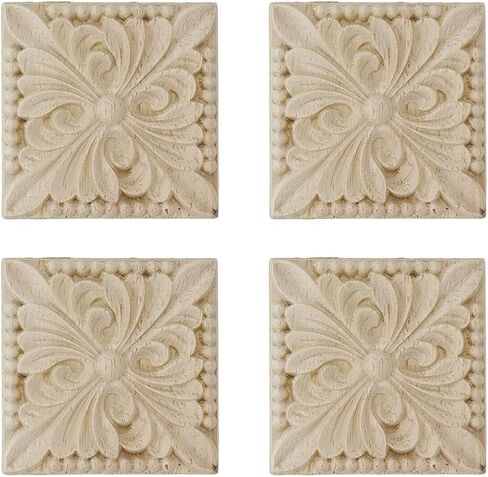 4Pcs Wooden Carved Appliques Onlays Square Unpainted Solid Wood Appliques DIY Cabinet Door Furniture Decoration Leaf Pattern 2.33" / 59mm (#1) in Saudi Arabia