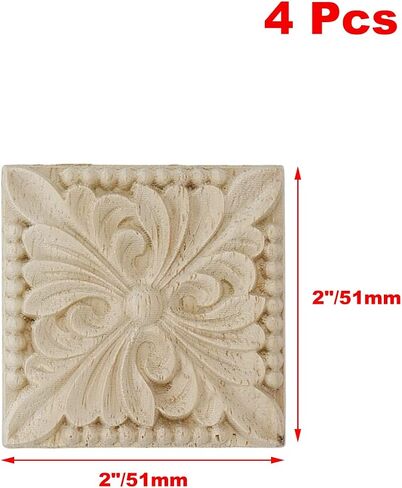 4Pcs Wooden Carved Appliques Onlays Square Unpainted Solid Wood Appliques DIY Cabinet Door Furniture Decoration Leaf Pattern 2.33" / 59mm (#1) in Saudi Arabia