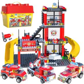مجموعة مبني لعبة Wishalife City Fire Station ، مع 3 ألعاب شاحنات إطفاء ، طفايات ، تتظاهر بفكرة هدية لعب الأطفال للأطفال الذين تتراوح أعمارهم بين 6 سنوات وما فوق