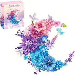 Pink Blue Moon Flower Building Blocks Set（977PCS）Roses Plants Botanical Collection Creative Building Toy 3D Wall Home Office Room Decor Dried Flower Valentine's Day Birthday Gift for Love Adults Kids