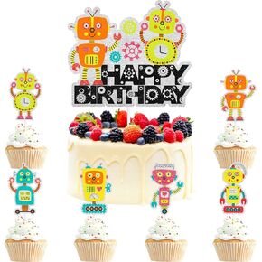 7-Piece Robot Cake Topper Set Mechanical Gears Themed Happy Birthday - Kids Mechanical Gears Robot Party, Baby Shower, and Boys and Girls Retro Robot Themed Birthday Party Decorations. LIANGSS