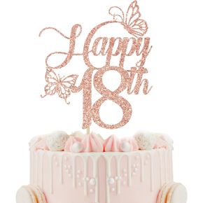Happy 18th Cake Topper, 18th Birthday Cake Decorations, Sweet 18, Butterfly 18 Cake Topper, Happy 18th Birthday Party Decorations (Gold Glitter)