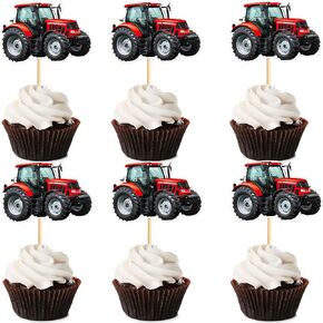 Ercadio 24 PCS Double -Side Tractor Cupcake Toppers - Boy's Birth's Cupcake Topcake - Farm Party Decoration - Scracter موضوع الحفلة لوازم الحفلات