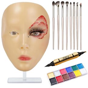 Make Up Practice Face, Face Painting Mannequin Head with Stand, 5D Reusable Silicone Face Practice Board, Mannequin Head for Makeup with Makeup Kit, Practice Face for Makeup Artist & Beginner, Brown