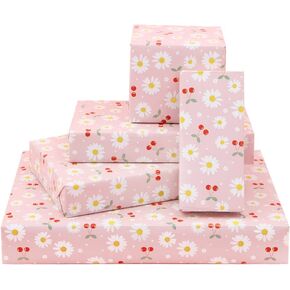 White and Yellow Daisy Floral With Red Cherries On Pink Gift Wrapping Paper 4 Sheets For Kids Girls Boys, Flower Gift Wrap for Birthday New Baby Shower Wedding Holiday Christening and More Occasion