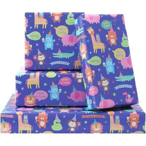 Wild Safari Zoo Jungles Animals Fun Gift Wrapping Paper 6 Sheets for Kids Boys Girls, Adorable Flamingo Gift Wrap for Birthday Baby Shower Children's Day Christmas Party, Folded Flat 20x28 Inches Per Sheet