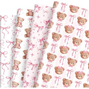 JarThenaAMCS 8 Sheets Pink Bow Bear Wrapping Paper - Not Roll - Coquette Bowknot Cute Bear Gift Wrap Paper Folded Flat for DIY Crafts Girls 2025 Graduation Birthday Baby Shower Bachelorette, 19.7 x 27.6 Inch