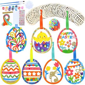 35pcs الحلي عيد الفصح الخشبية لطلاء زخارف عيد الفصح DIY شرائح خشبية غير مكتملة من مجموعات البيض الحرف مع POM-POMS DIOMAND EASTER WOODEN WOODEN