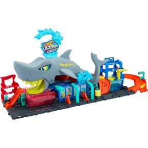 Hot Wheels City Track Set, Ultra Shark Car Wash with 1:64 Scale Color Reveal Toy Vehicle, Repeat Color-Change Feature, Storage