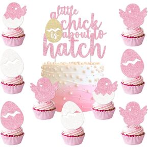 Little Chick Baby Shower Decorations A Little Chick Is About to Hatch Cake Topper Chicken Cupcake Toppers Glitter Pink Cake Decor for Girls Chicks Baby Shower Farm Animal Barnyard Party Supplies