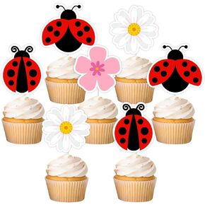 36pcs Ladybug Cupcake Topper ، حشرات الزهور كب كيك تختار سيدة علة كعكة الديكور حديقة الحشرة ذات طابع الطفل ديكور للبق الحشر