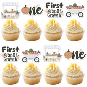 Jollyboom زخارف أعياد ميلاد Jollyboom محليًا ، و 24pcs Farmer's Market Fary Party Party Cupcake Topcake الطباعة على الوجهين للخضروات المزرعة والفواكه التي يبلغ طولها عام واحد