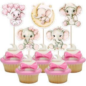 Rsstarxi 40 Pack Baby Elephant Cupcake Toppers Balloon Star Moon Cupcake Picks Pink or Blue Cake Decorations for Gender Reveal Theme Baby Shower Kids Birthay Party Cake Supplies