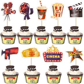 ephlyn 24pcs فيلم Cupcake Topcake Glitter Movie Night Roll Camera Cupcake اختيارات للمسر