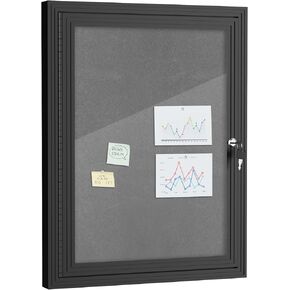 26"x20" Enclosed Bulletin Board, Outdoor Lockable Weather-Resistant Aluminum Cork Noticeboard for School & Office, Black Frame w/Grey Flet