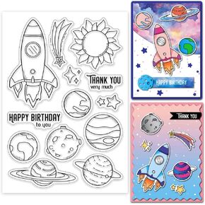 GLOBLELAND Planets Clear Stamps Universe Sun Star Rocket Silicone Clear Stamp Seals Transparent Stamps for DIY Scrapbooking Cards Making Photo Album Journal