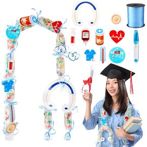 16 Set Graduation Candy Lei Making Kit Candy Lei Tubing with Ribbons for Graduation 2025 Nurse DIY Stethoscope Wreath Necklace Decor Congrats Grad Long Ribbons for Pharmacy Decor Gift