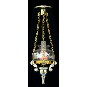 Melody Jane Dollhouse Fancy Victorian Hanging Oil Lamp Gold Etched Glass Shade 12V Light