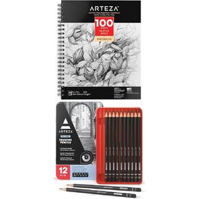 Arteza 9x12 "كتاب رسم ، 100 ورقة (68 رطل/100GSM) ومجموعة أقلام الرسم الرصاصية الرسم المهنية من 12 متوسط ​​(6 ب - 4H)