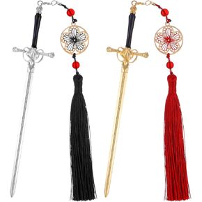 2 Pcs Sword Katana Bookmark Pretty Sword Bookmark with Tassel Metal Bookmarks Vintage Tassel Metal Pendant for Book Lovers Ideal for Birthday Gifts Teacher's Day Thank-You Gifts for Boyfriend