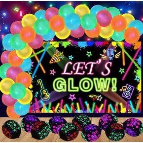Neon Party Decorations, Glow in the Dark Party Supplies Let’s Glow Backdrop Photography Background with 50 Pcs Neon Balloon Arch Kit For Kids Birthday Supplies