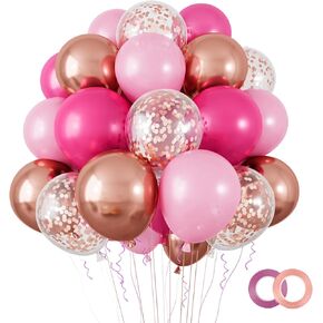 RUBFAC 100 Pcs 12 Inches Pink Balloon Arch Garland Kit, Hot Pink Rose Gold Chrome Balloons for Girls Birthday Party Princess Theme Party Wedding Bachelorette Anniversary