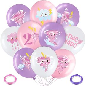 Blosssound 45 PCS اثنين من ديكورات حفلة عيد ميلاد Nado للفتيات اثنين من بالونات Nado Tornado موضوع بالون مع أشرطة وردية وأرجواني تورنادو ثاندو حفلة عيد ميلاد للفتاة لوازم طفل دش الطفل